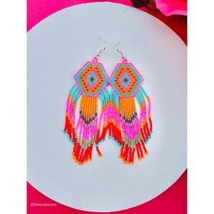 Huichol Earrings, Long Seed Bead Earrings, Native American Earrings, Mexican Ear